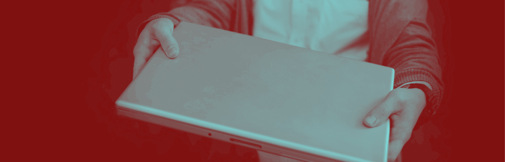 Decorative image of a person holding out a closed laptop