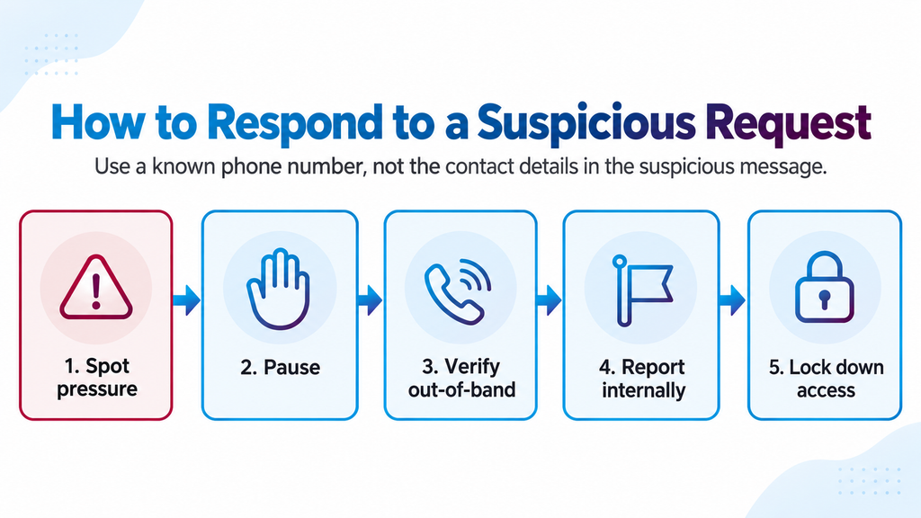 Five-step workflow for responding to suspicious social engineering requests.