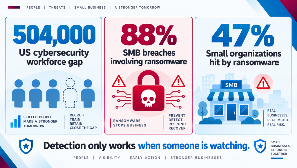 SMB cyber risk stats showing workforce gap and ransomware rates that make MDR monitoring important