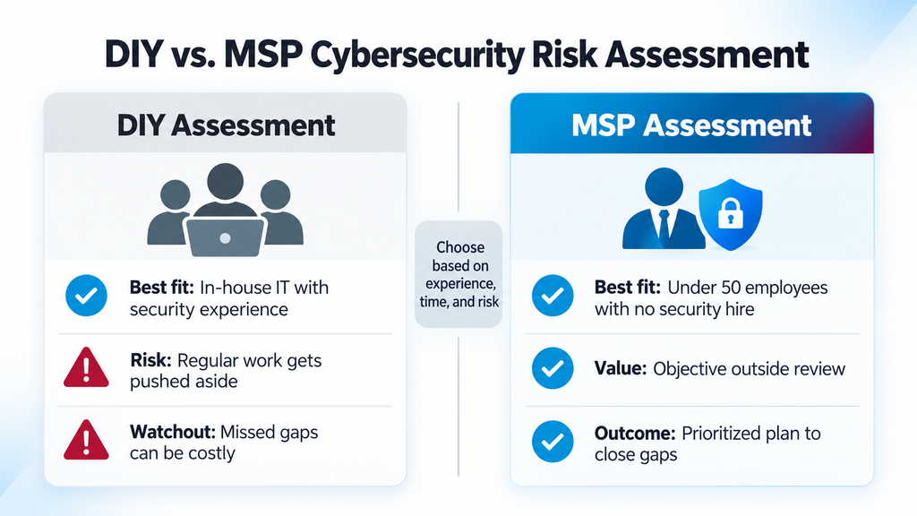 DIY vs. MSP cybersecurity risk assessment comparison for small businesses deciding how to assess risk.
