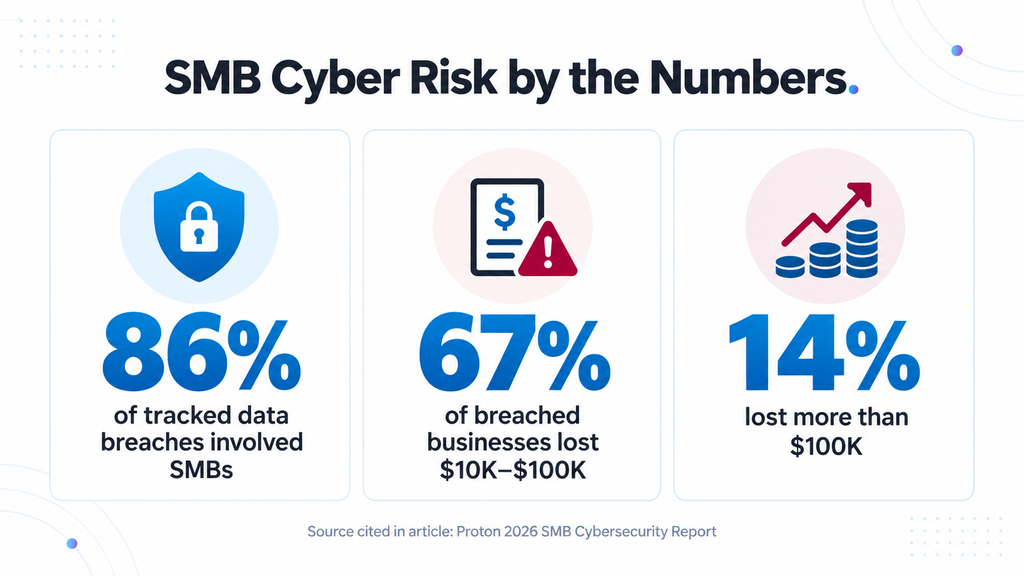 SMB cybersecurity risk statistics showing breach involvement, loss ranges, and losses over $100K.